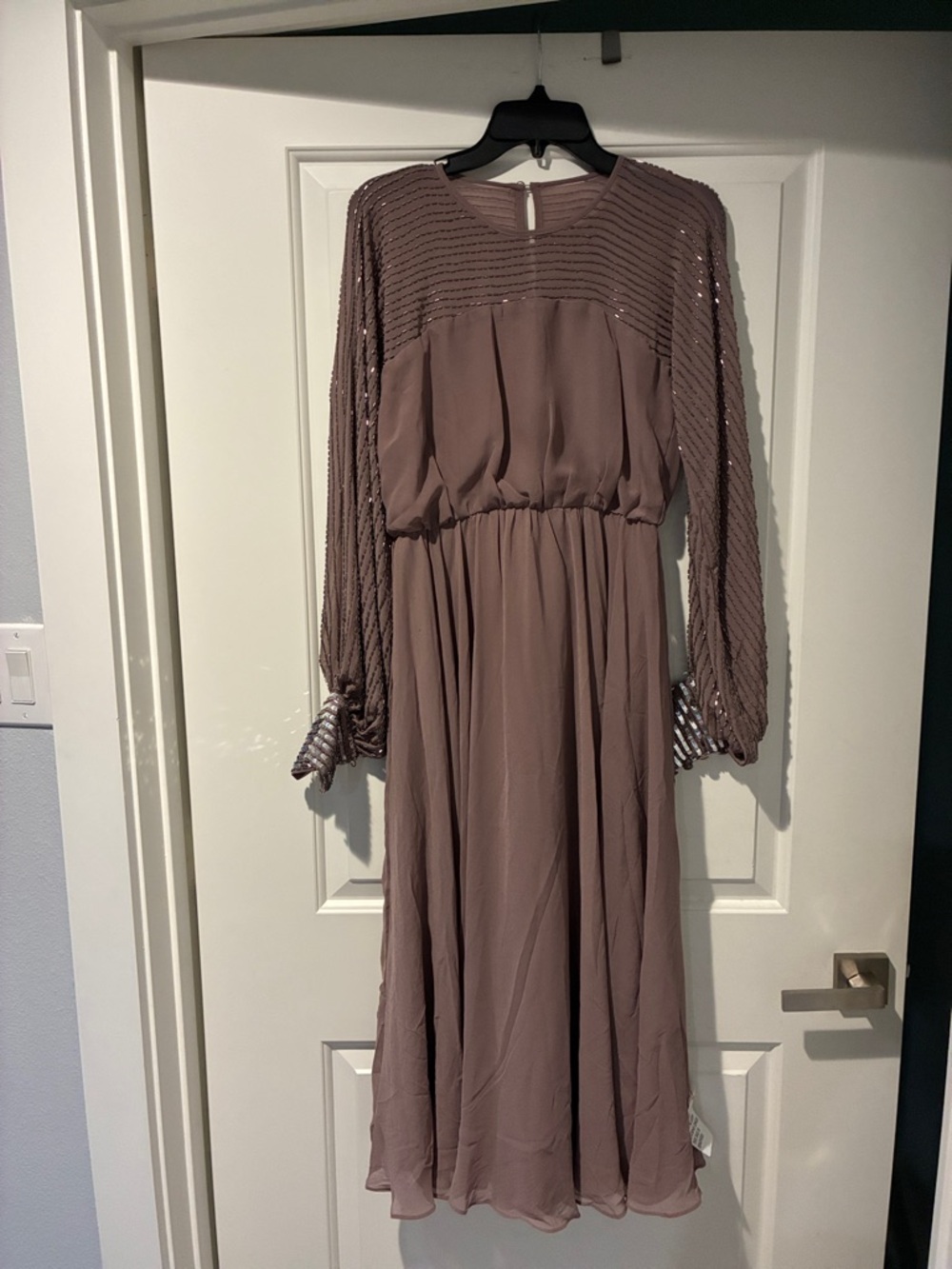 Mauve Long Sleeve Midi Dress with Sequin-Trimmed Sleeves